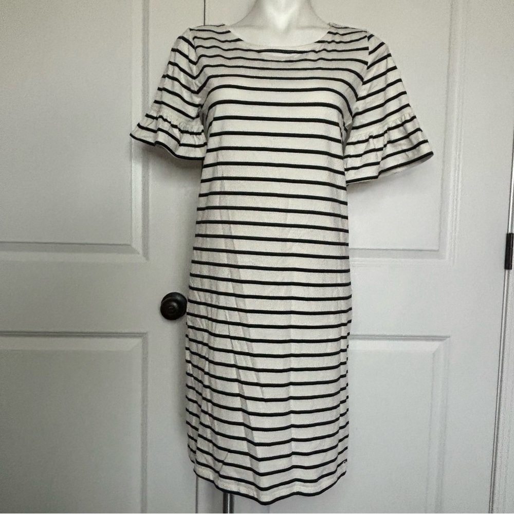 NWT J. Crew Factory Navy White Stripe Short Ruffle Sleeve Dress S